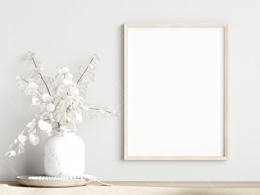 Living Room Frame Mockup, Minimalist Frame Mockup, Vertical Wooden Frame Mockup 3:4 ratio, Frame Mockup With Dry Plant, PSD JPG PNG