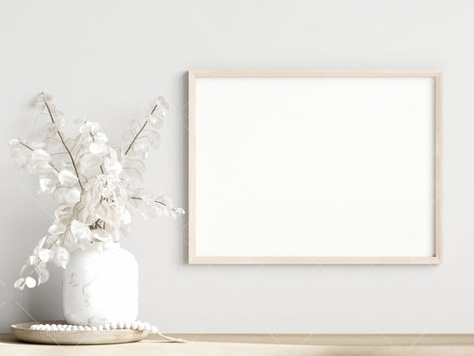 Living Room Frame Mockup, Minimalist Frame Mockup, Horizontal Wooden Frame Mockup 3:4 ratio, Frame Mockup With Dry Plant, PSD JPG PNG