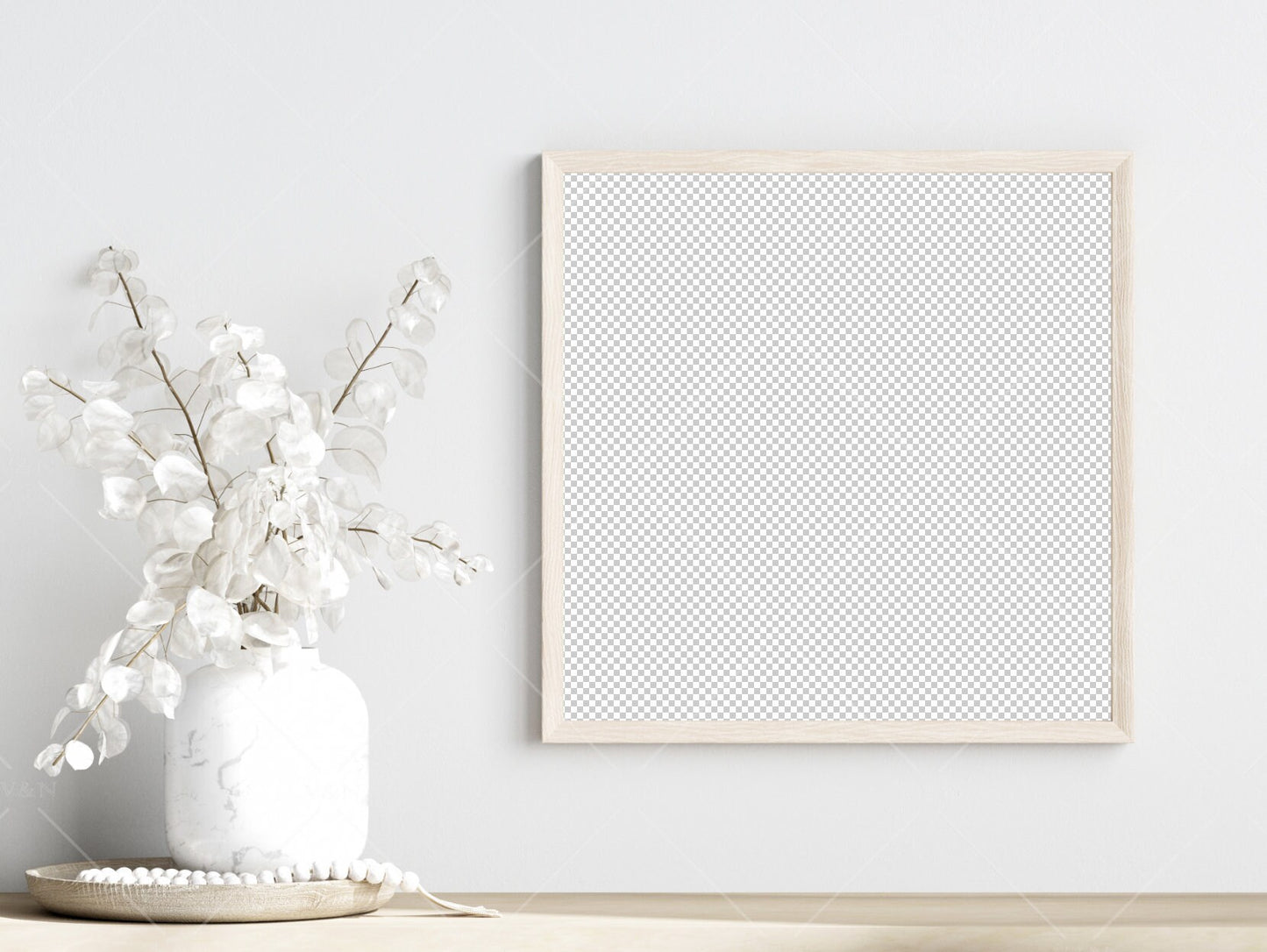 Living Room Frame Mockup, Minimalist Frame Mockup, Square Wooden Frame Mockup, Frame Mockup With Dry Plant, PSD JPG PNG