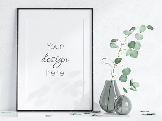 Frame Mockup With Plant, Living Room Frame Mockup, Minimalist Frame Mockup, Vertical Wooden Frame Mockup A1, PSD JPG PNG