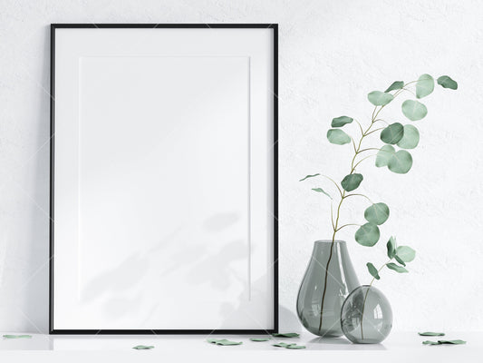 Frame Mockup With Plant, Living Room Frame Mockup, Minimalist Frame Mockup, Vertical Wooden Frame Mockup A1, PSD JPG PNG