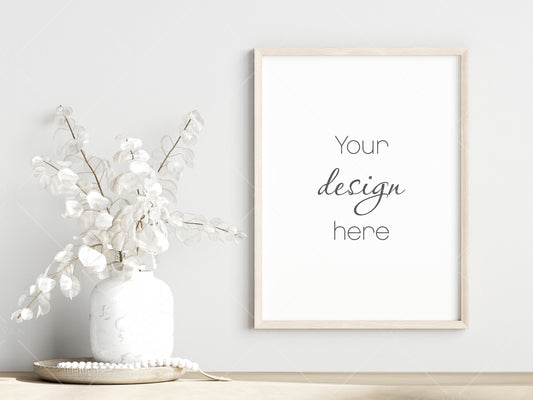 Living Room Frame Mockup, Minimalist Frame Mockup, Vertical Wooden Frame Mockup 3:4 ratio, Frame Mockup With Dry Plant, PSD JPG PNG