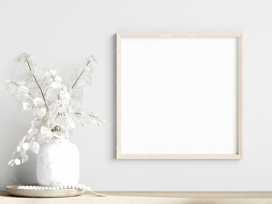 Living Room Frame Mockup, Minimalist Frame Mockup, Square Wooden Frame Mockup, Frame Mockup With Dry Plant, PSD JPG PNG