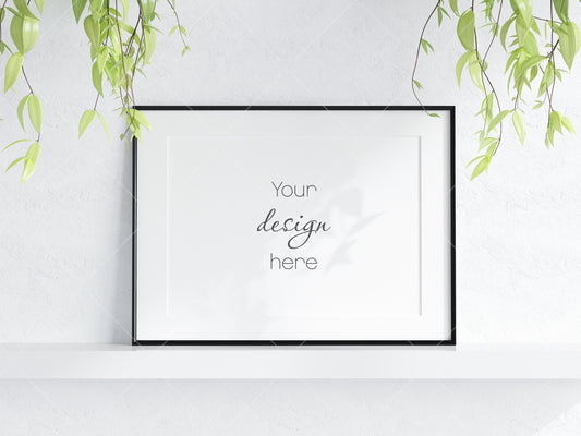 Frame Mockup With Plant, Living Room Frame Mockup, Minimalist Frame Mockup, Horizontal Wooden Frame Mockup A1, PSD JPG PNG