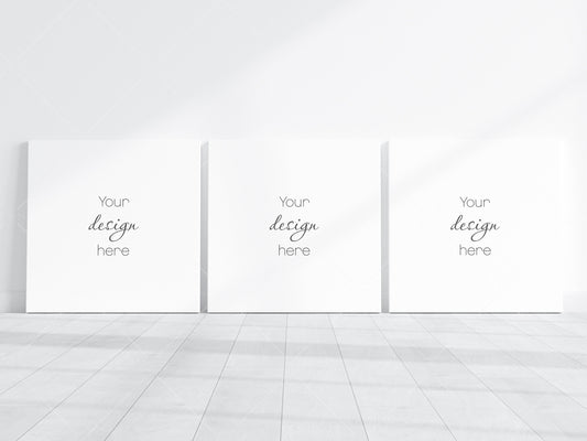 Three 1x1 Canvases Mockup PSD, 3 Square Canvases Mockup Smart Object in Photoshop, Minimalist Square Canvases Mockup JPG PSD