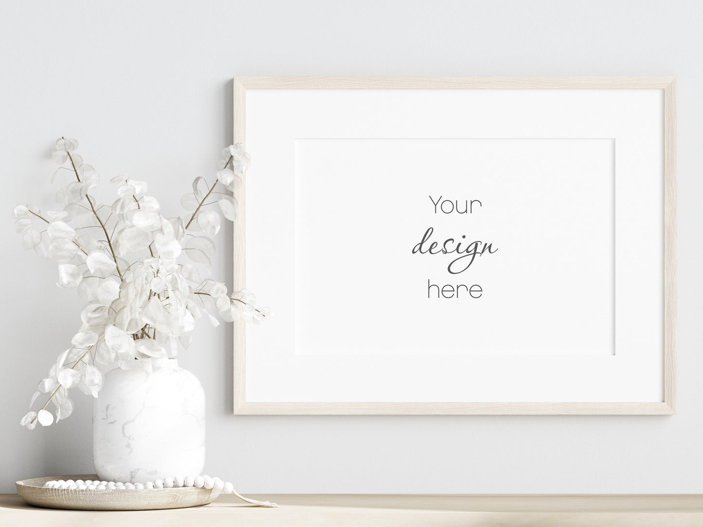 Living Room Frame Mockup, Minimalist Frame Mockup, Horizontal Wooden Frame Mockup, Frame Mockup With Dry Plant, PSD JPG