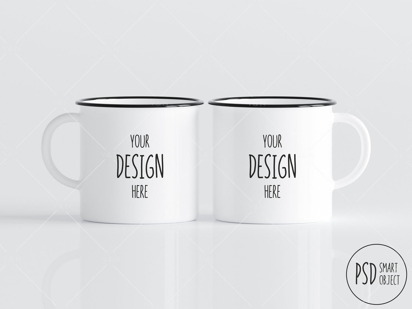 2 Enamel White Coffee Mugs Mockup, Two Cups Mock Up, Enamel Camping Cup Mockup, PSD JPG, Cup Mockup in Photoshop Smart Object