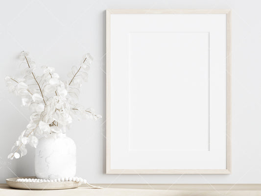 Living Room Frame Mockup, Minimalist Frame Mockup, Vertical Wooden Frame Mockup, Frame Mockup With Dry Plant, PSD JPG PNG