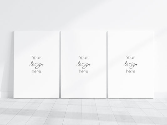 Three 2x3 Canvases Mockup PSD, 3 Vertical Canvases Mockup Smart Object in Photoshop, Minimalist Portrate Canvases Mockup JPG PSD