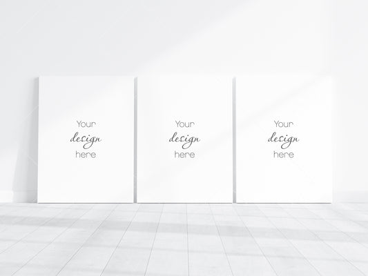 Three Canvases 3x4 Mockup PSD, 3 Vertical Canvases Mockup Smart Object in Photoshop, Minimalist Portrate Canvases Mockup JPG PSD