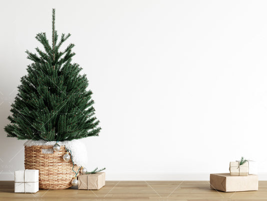 Christmas Blank Wall Mockup, Empty Wall Mockup With Christmas Tree, Modern Interior Wall Mockup, Living Room Wall Mockup, Wall Mockup