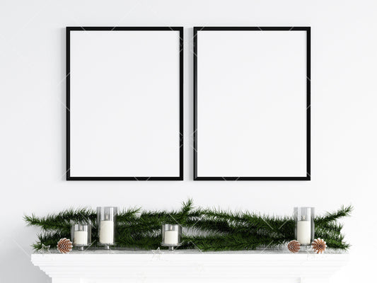 Christmas Frame Mockup 3:4 ratio, Two Minimalist Frame Mockup, Vertical Black Frames Mockup, Portrait Frame Mockup Christmas, PSD JPG PNG