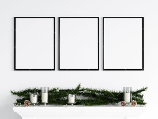 Christmas Frame Mockup 3:4 ratio, Three Minimalist Frame Mockup, Vertical Black Frames Mockup, Portrait Frame Mockup Christmas, PSD JPG PNG