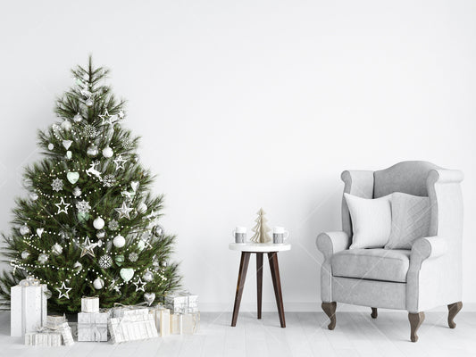 Christmas Blank Wall Mockup, Empty Wall Mockup With Christmas Tree, Modern Interior Wall Mockup, Living Room Wall Mockup, Wall Mockup