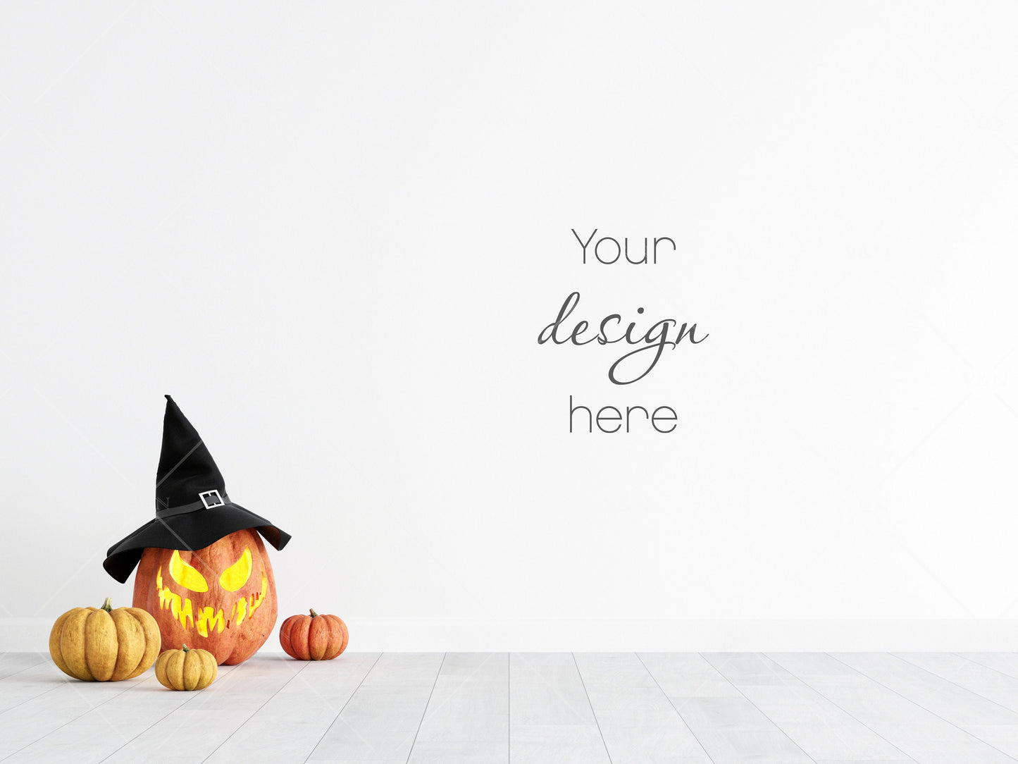 Blank Wall Mockup Halloween, Empty Wall Mockup Halloween, Modern Interior Wall Mockup, Living Room Wall Mockup With Pumpkins