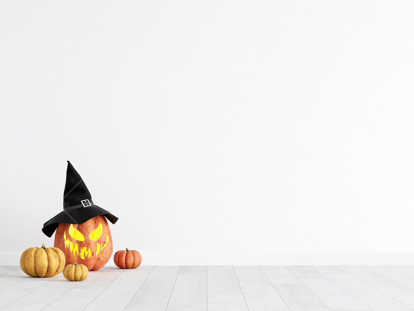 Blank Wall Mockup Halloween, Empty Wall Mockup Halloween, Modern Interior Wall Mockup, Living Room Wall Mockup With Pumpkins