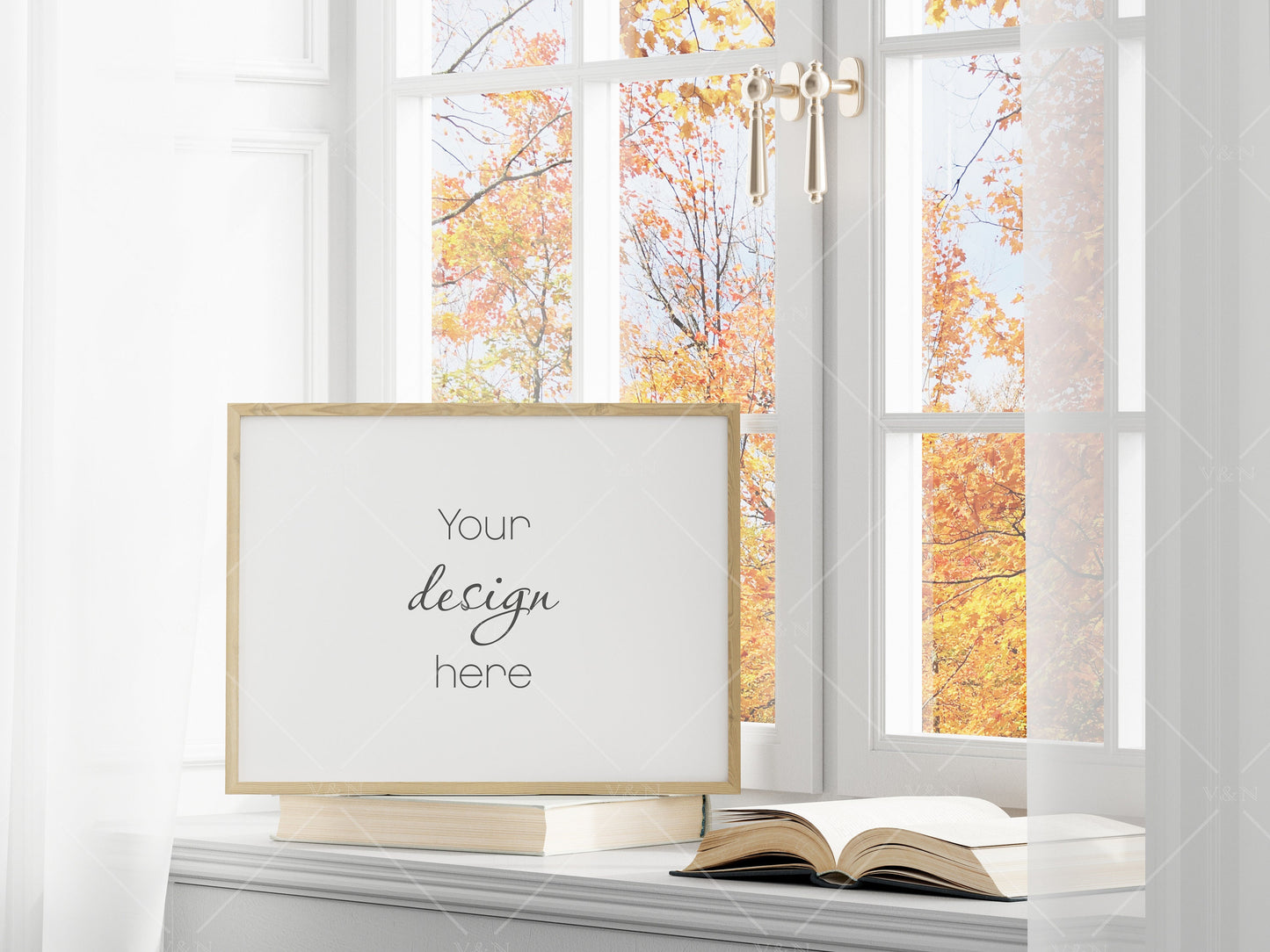 Fall Frame Mockup 3:4 ratio, Fall Minimalist Frame Mockup, Horizontal Wooden Frame Mockup, Landscape Frame Mockup Halloween, PSD JPG