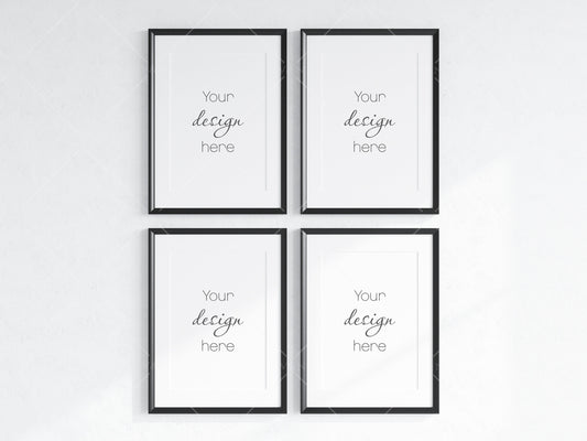 4 Minimalist Frame Mockup, Four Vertical Black Frame Mockup, Poster Mockup, Portrait Frame Mockup, Frame Mockup for Print, JPG PNG PSD