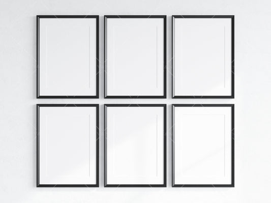 6 Minimalist Frame Mockup, Six Vertical Black Frame Mockup, Poster Mockup, Portrait Frame Mockup, Frame Mockup for Print, JPG PNG PSD