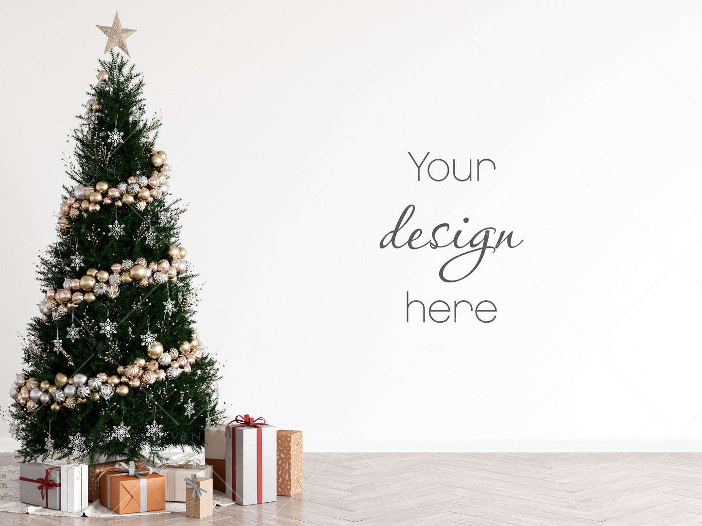 Christmas Interior Mockup, Empty Wall Mockup With Christmas Tree, Blank Wall Mockup, Living Room Wall Mockup, Wall Mockup