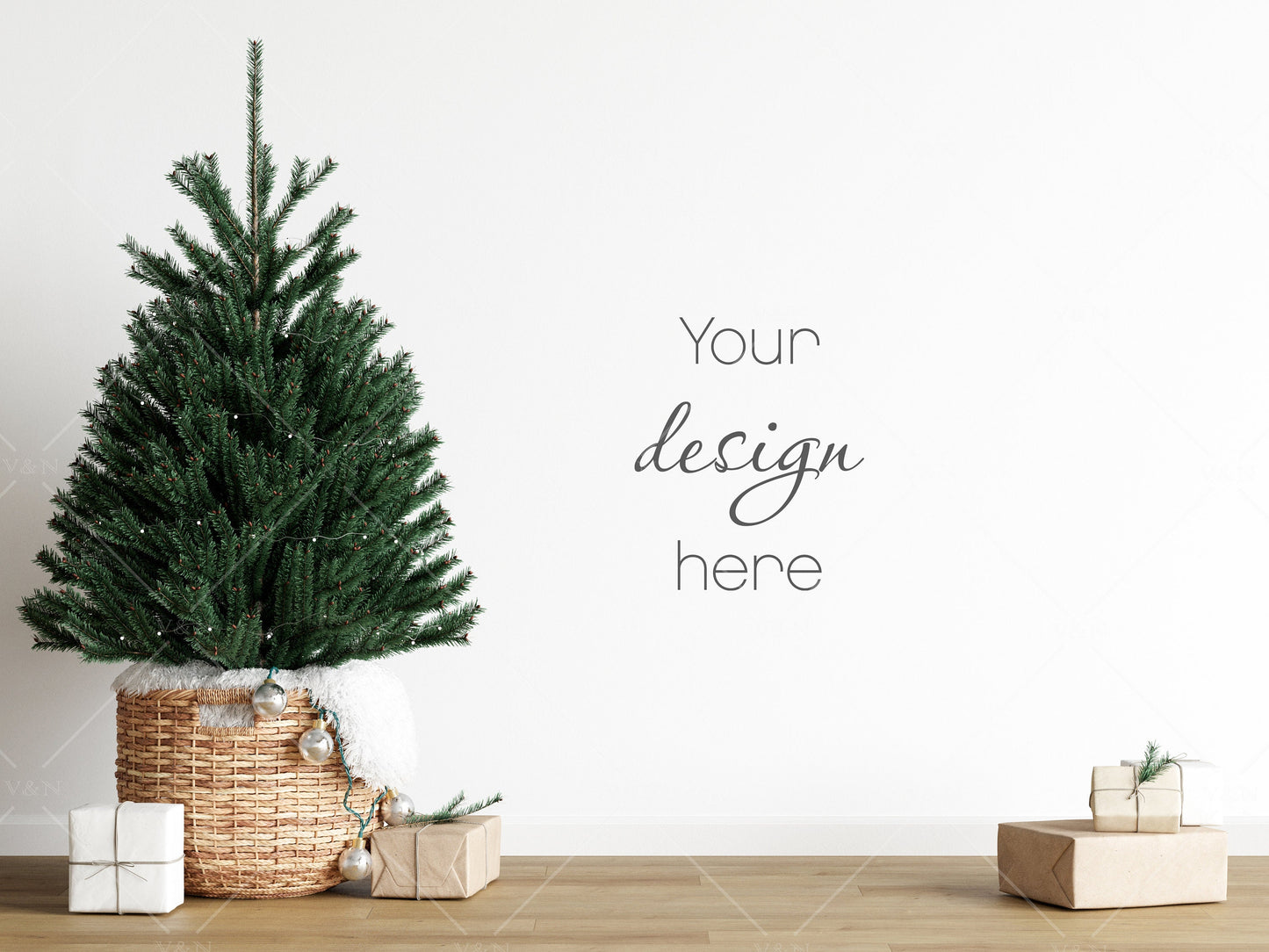 Christmas Blank Wall Mockup, Empty Wall Mockup With Christmas Tree, Modern Interior Wall Mockup, Living Room Wall Mockup, Wall Mockup