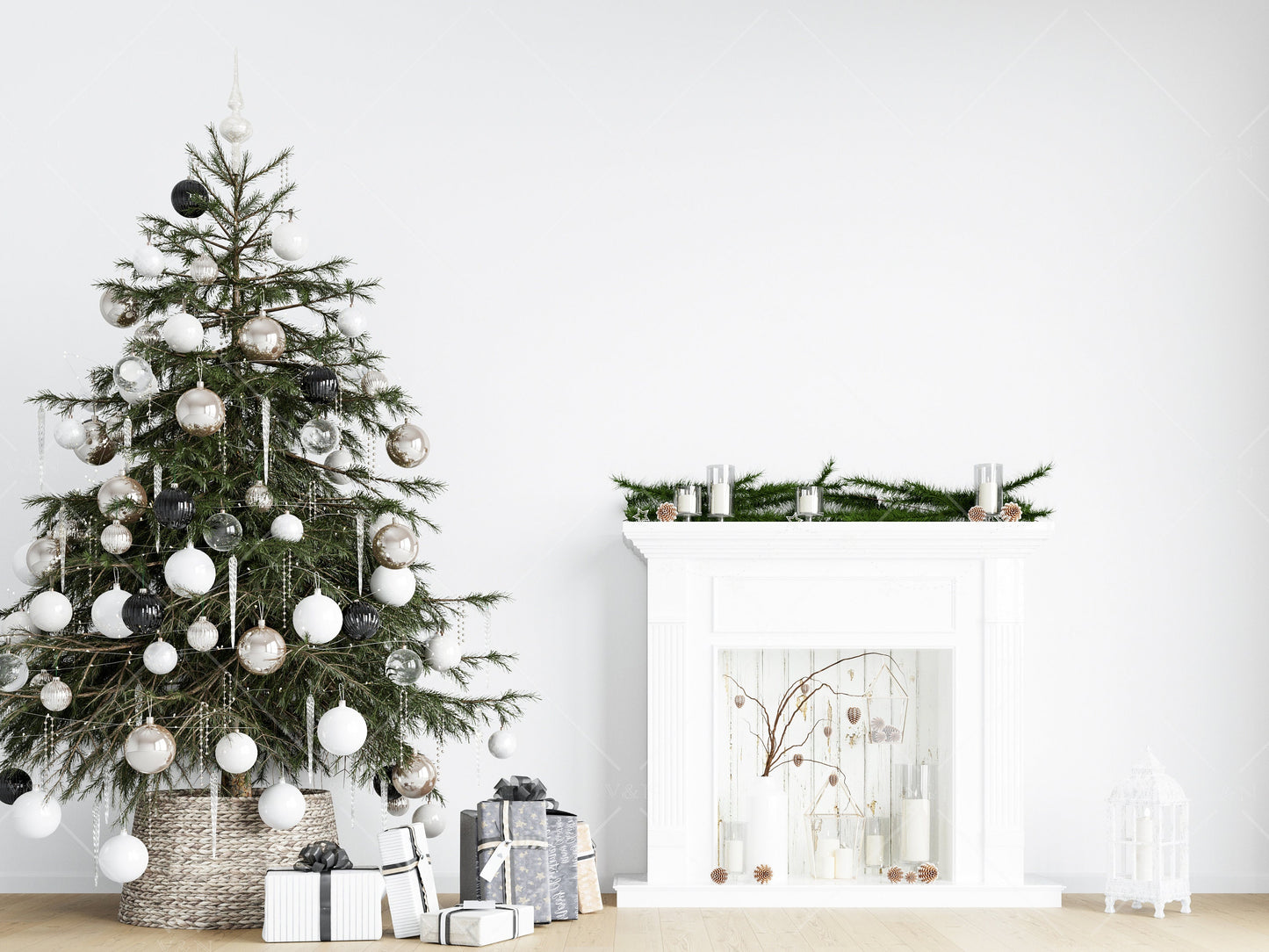 Christmas Blank Wall Mockup, Empty Wall Mockup With Christmas Tree, Modern Interior Wall Mockup, Living Room Wall Mockup, Wall Mockup