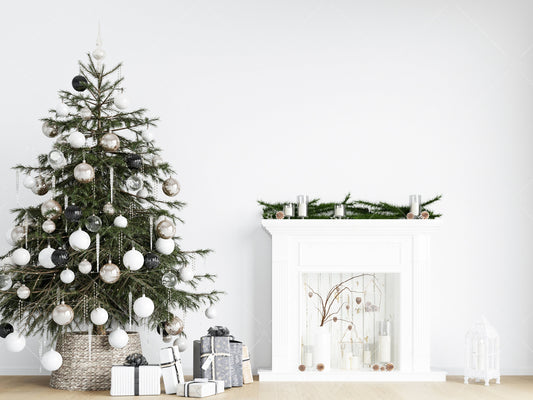 Christmas Blank Wall Mockup, Empty Wall Mockup With Christmas Tree, Modern Interior Wall Mockup, Living Room Wall Mockup, Wall Mockup