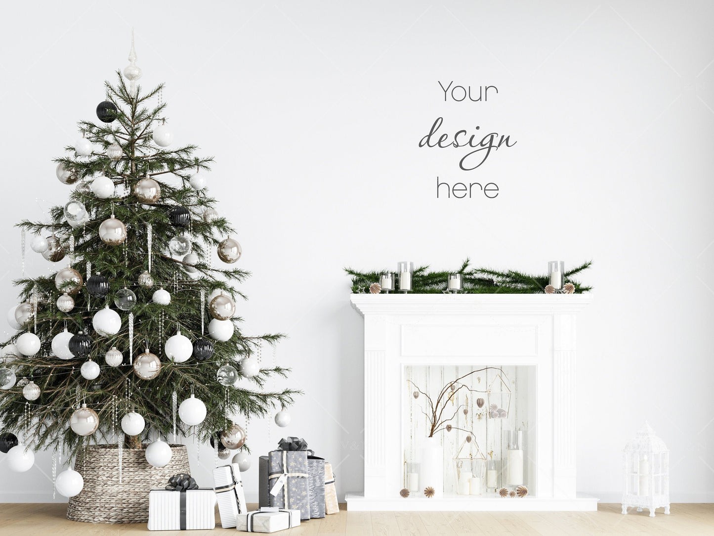 Christmas Blank Wall Mockup, Empty Wall Mockup With Christmas Tree, Modern Interior Wall Mockup, Living Room Wall Mockup, Wall Mockup