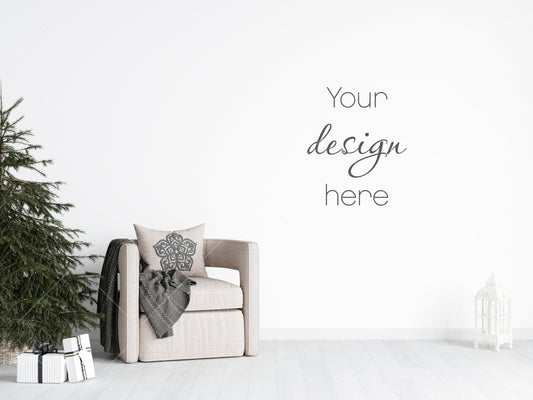 Christmas Blank Wall Mockup, Empty Wall Mockup With Christmas Tree, Modern Interior Wall Mockup, Living Room Wall Mockup, Wall Mockup