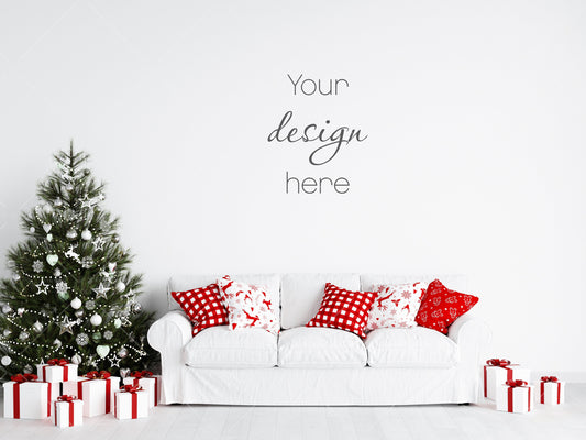 Christmas Interior Mockup, Empty Wall Mockup With Christmas Tree, Modern Interior Wall Mockup, Living Room Wall Mockup, Wall Mockup