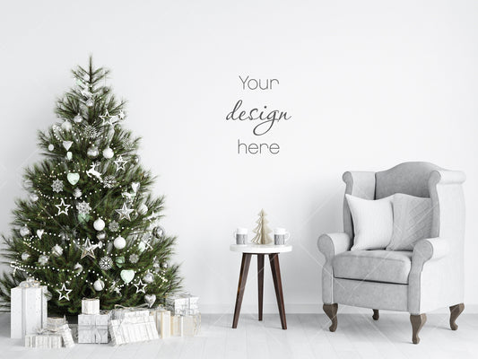 Christmas Blank Wall Mockup, Empty Wall Mockup With Christmas Tree, Modern Interior Wall Mockup, Living Room Wall Mockup, Wall Mockup