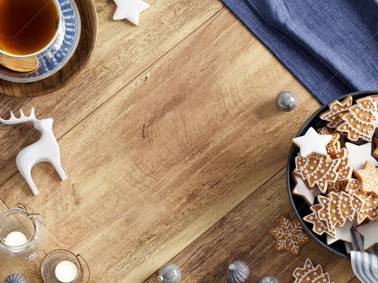 Christmas Flat Lay Mock Up JPG, Styled Wooden Background With Christmas Decor