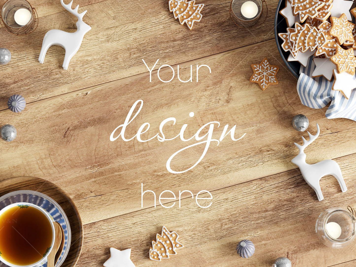 Styled Wooden Background With Christmas Decor, Christmas Flat Lay Mock Up JPG