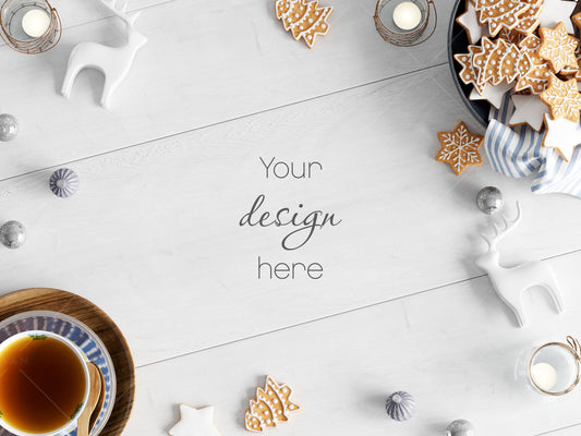 Christmas Flat Lay Mock Up JPG, Styled Wooden Background With Christmas Decor