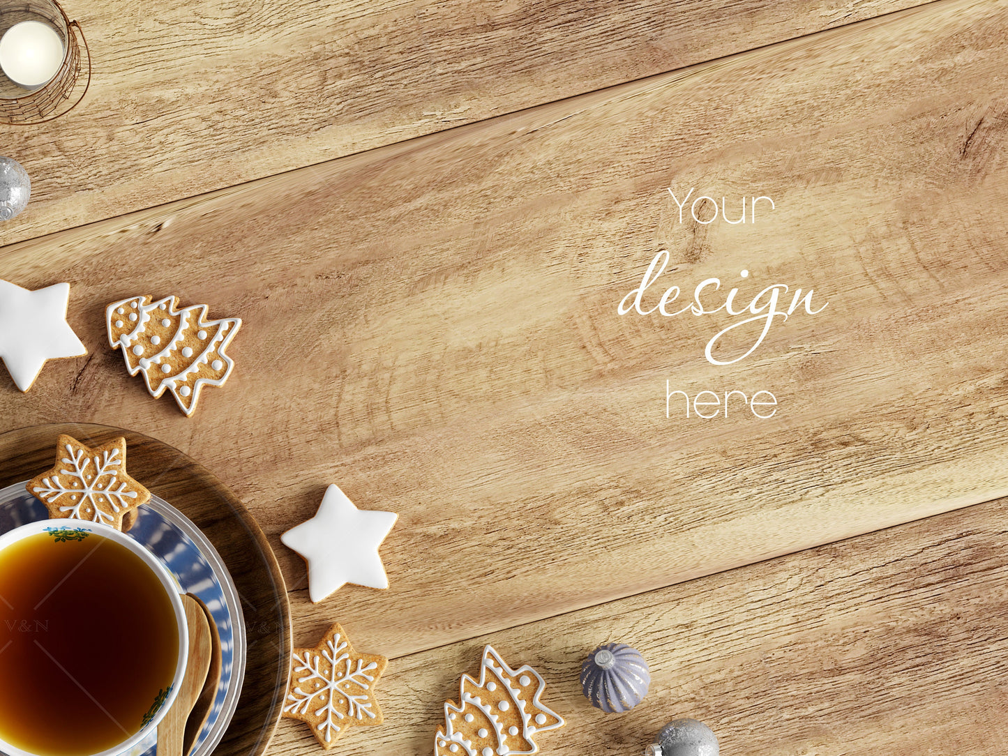 Christmas Flat Lay Mock Up JPG, Styled Wooden Background With Christmas Decor