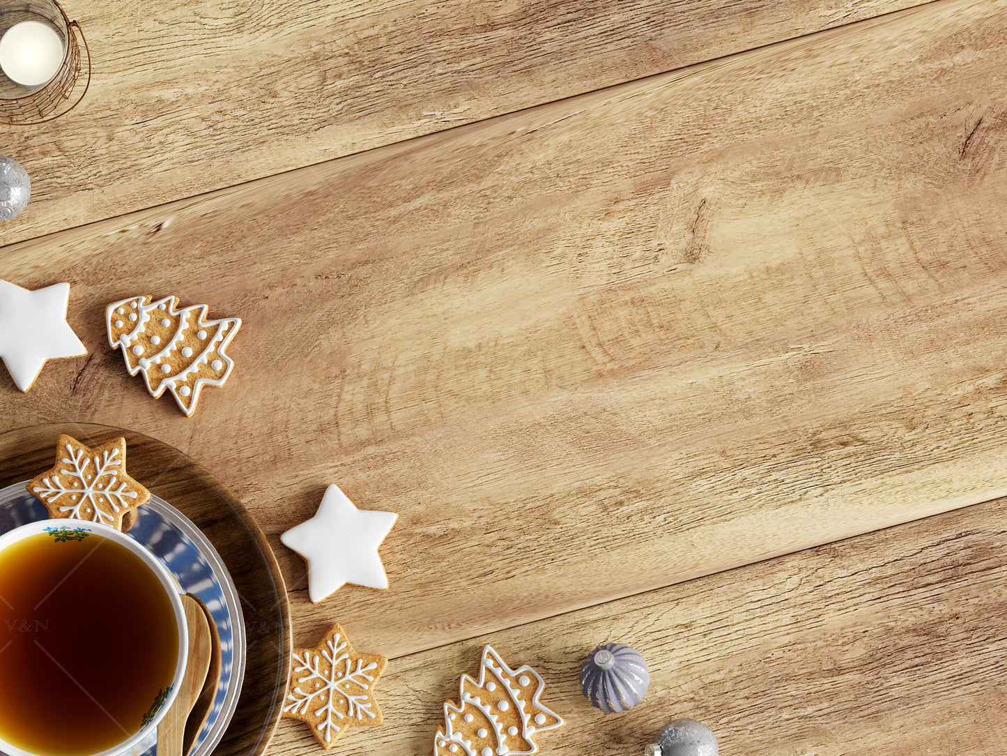 Christmas Flat Lay Mock Up JPG, Styled Wooden Background With Christmas Decor