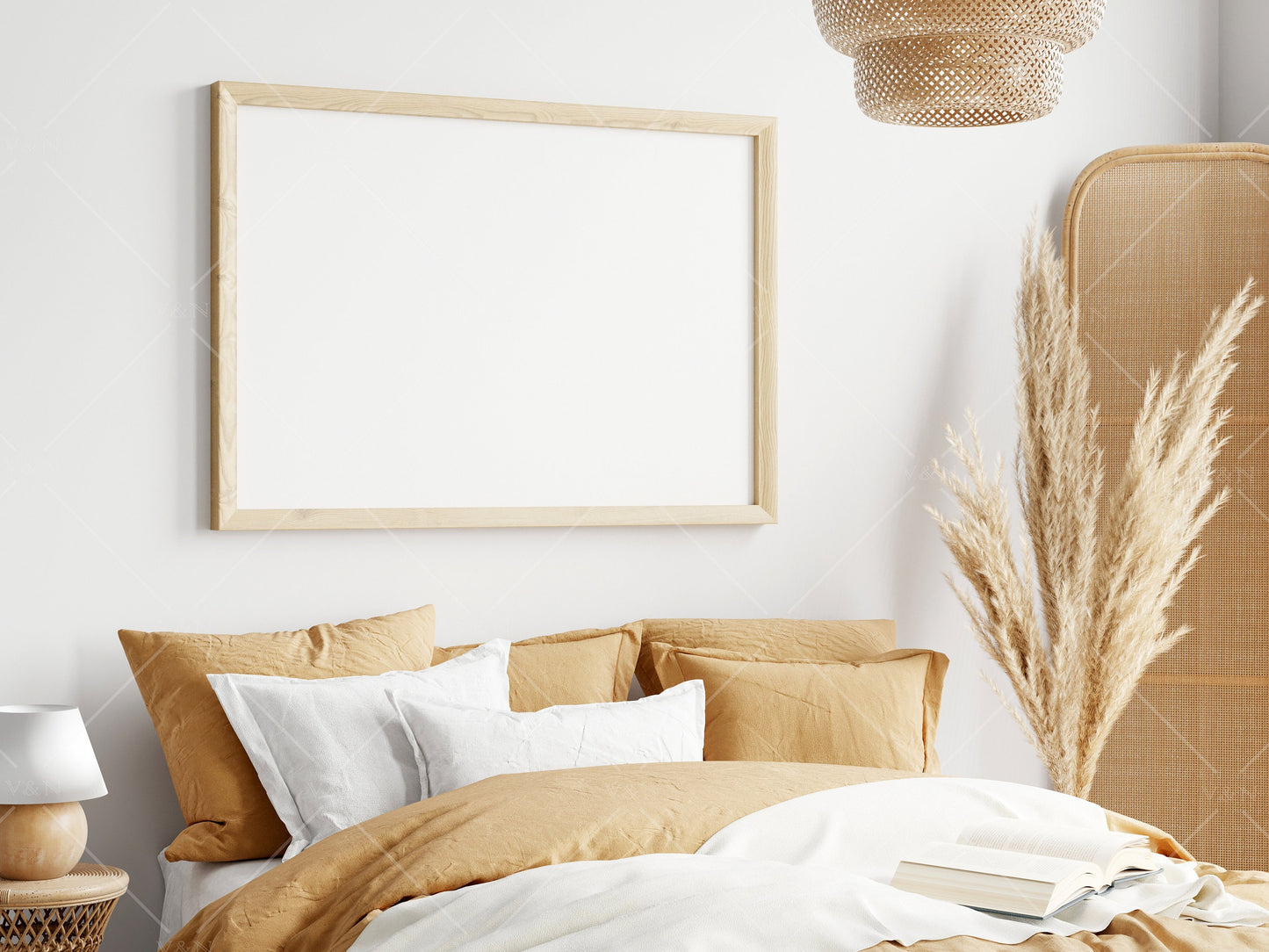 Interior Mockup, Frame Mockup in Bedroom Interior, Poster Mockup, PSD JPG