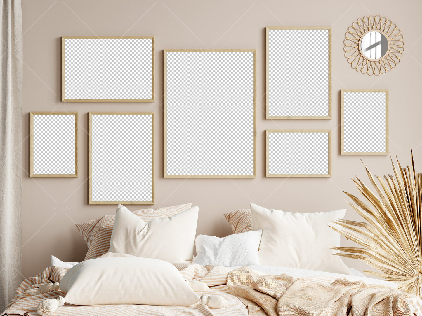 Bedroom Frame Mockup Boho, Gallery Frame Mockup in Bedroom Interior, Poster Mockup, PSD JPG PNG