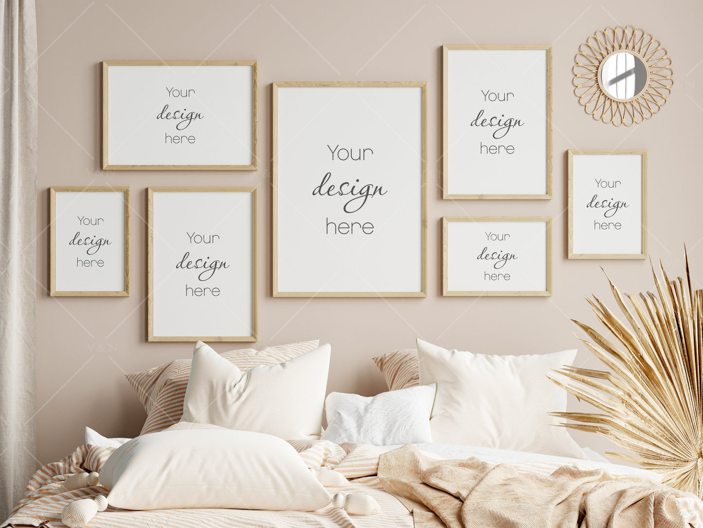 Bedroom Frame Mockup Boho, Gallery Frame Mockup in Bedroom Interior, Poster Mockup, PSD JPG PNG