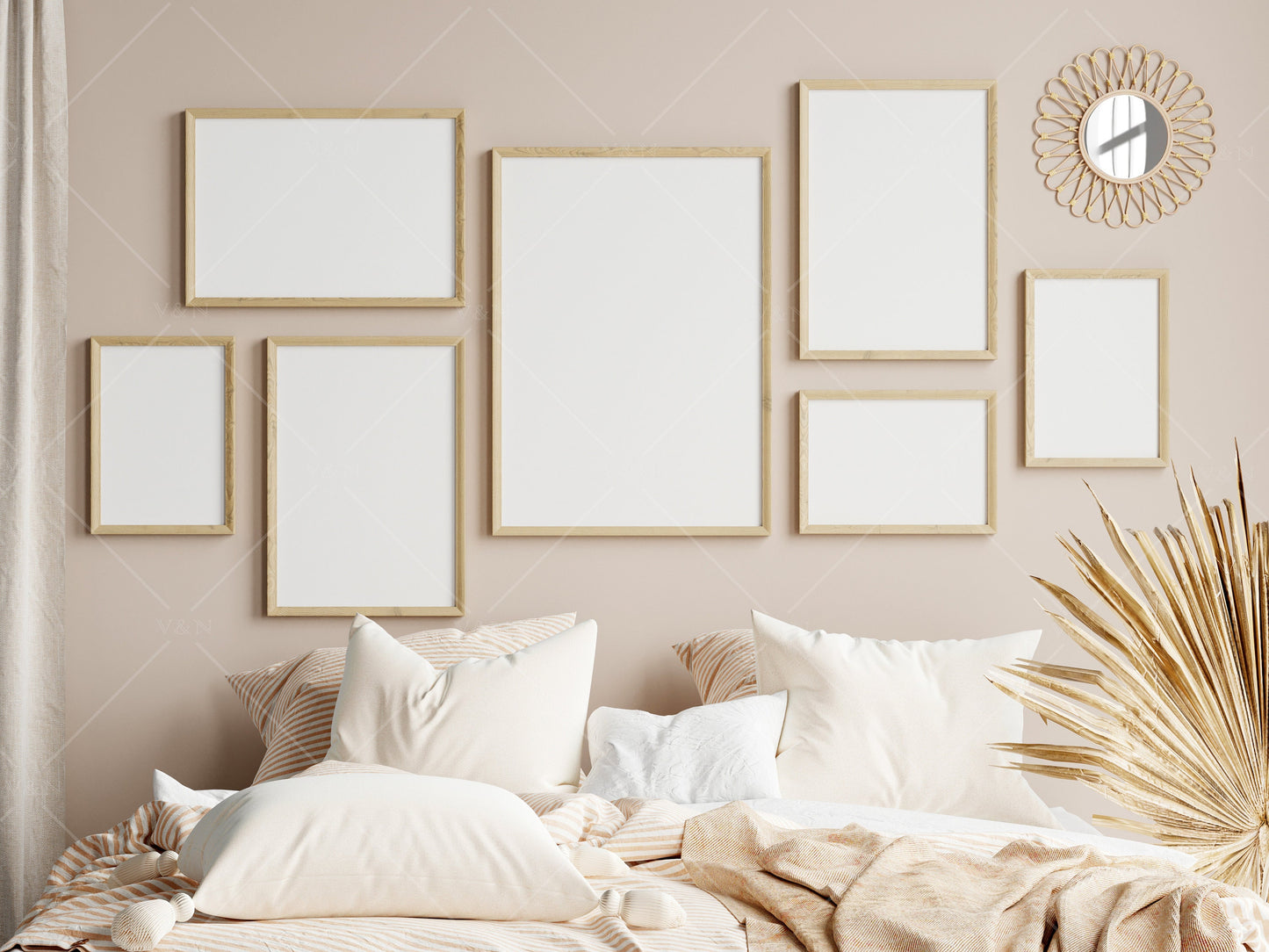 Bedroom Frame Mockup Boho, Gallery Frame Mockup in Bedroom Interior, Poster Mockup, PSD JPG PNG