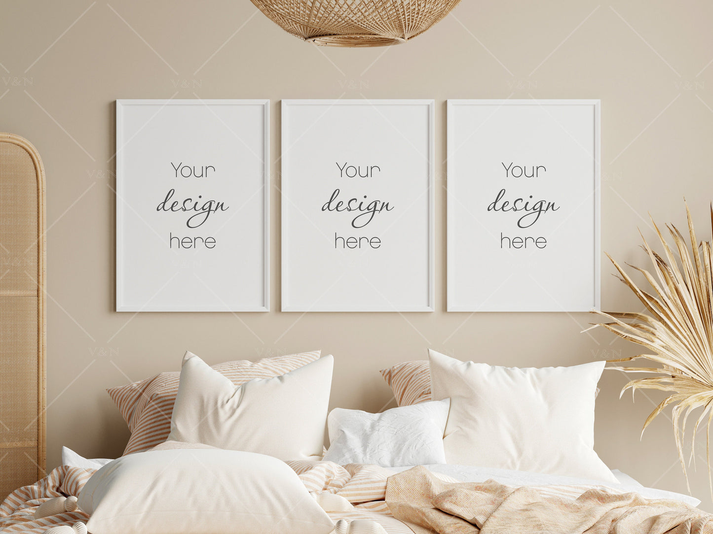 Boho Frame Mockup in Bedroom Interior, Poster Mockup, PSD JPG