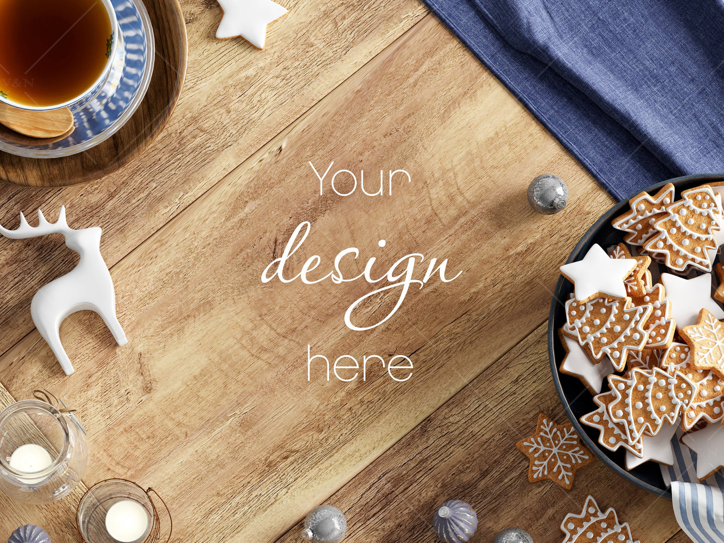 Christmas Flat Lay Mock Up JPG, Styled Wooden Background With Christmas Decor