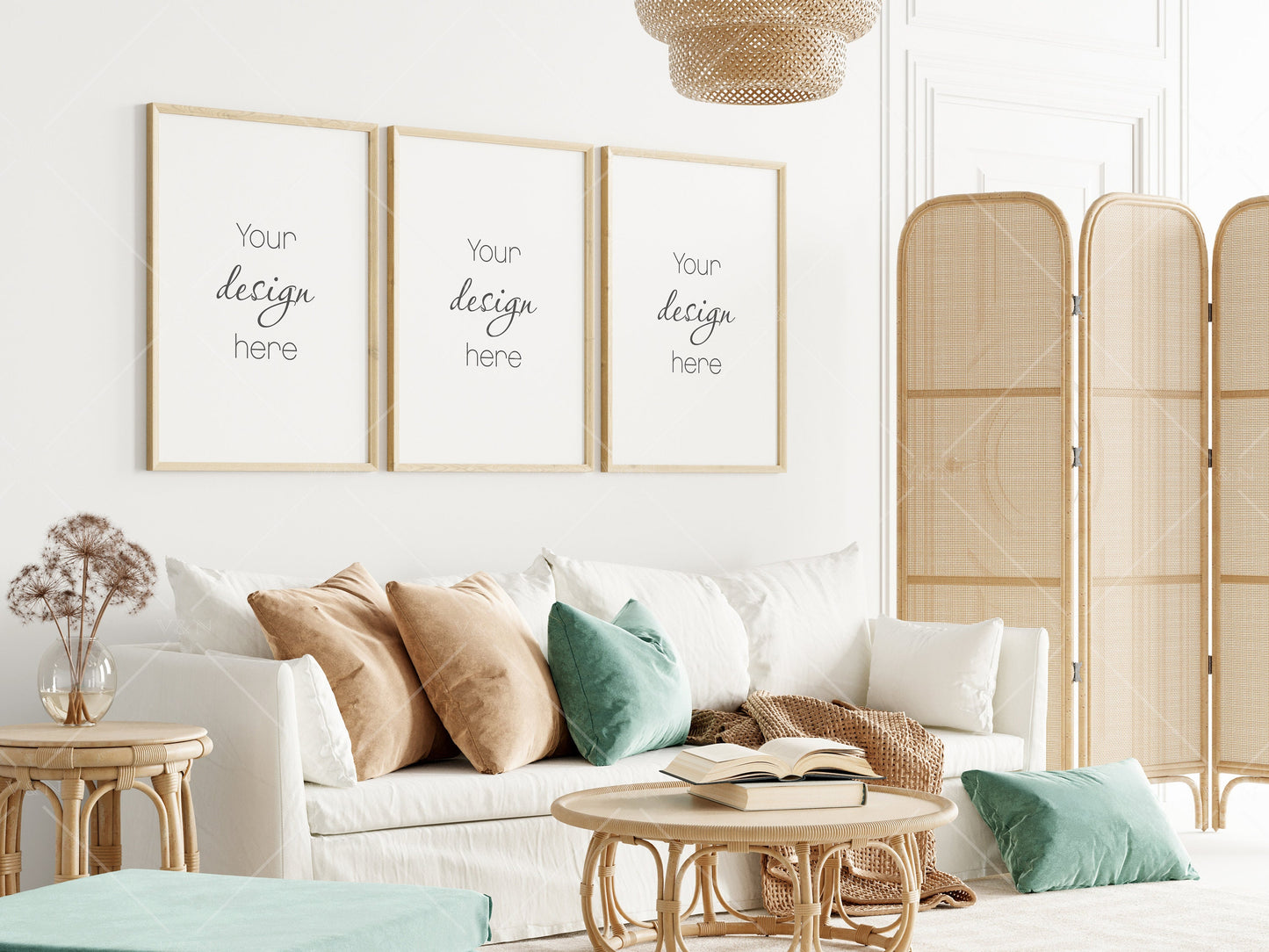 Living Room Frame Mockup, Interior Mockup, Poster Mockup, 3 Vertical Wooden Frames Mockup A1