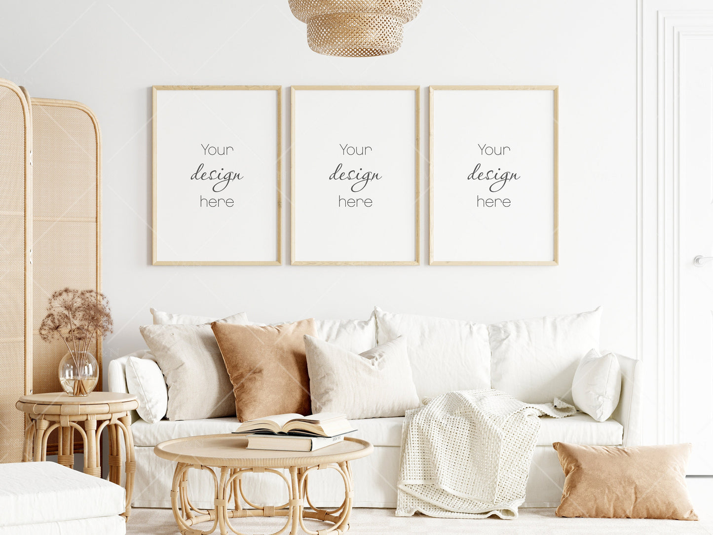 Boho Living Room Frame Mockup, Interior Mockup, Poster Mockup, 3 Vertical Wooden Frames Mockup A1