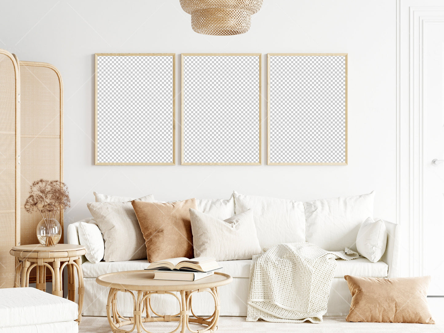 Boho Living Room Frame Mockup, Interior Mockup, Poster Mockup, 3 Vertical Wooden Frames Mockup A1