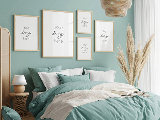 Gallery Frame Mockup in Bedroom Interior, Poster Mockup, PSD JPG