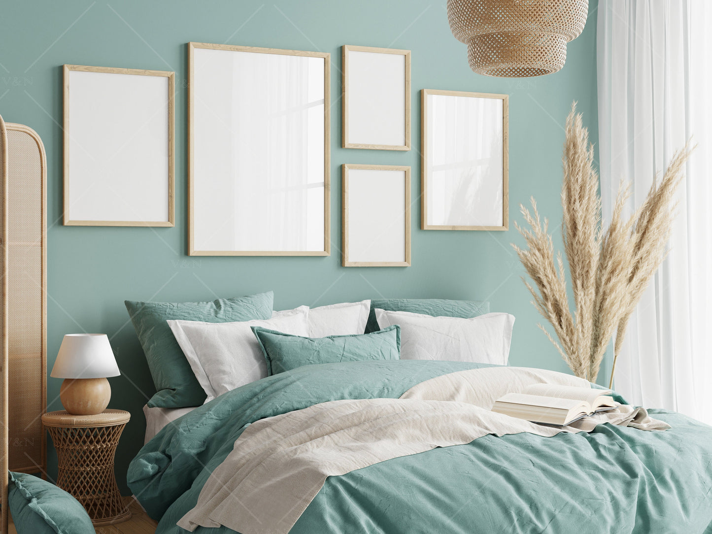 Gallery Frame Mockup in Bedroom Interior, Poster Mockup, PSD JPG