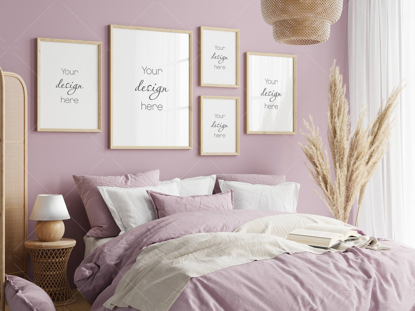 Interior Mockup, Gallery Frame Mockup in Bedroom Interior, Poster Mockup, PSD JPG