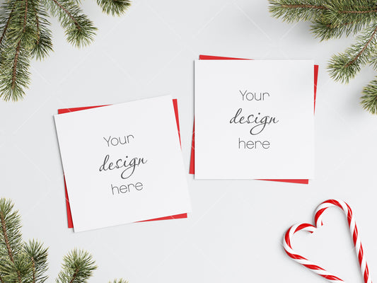 Two Square Christmas Cards Mockup, Mockup Christmas Card, Invitation Mockup, Greeting Card Mockup