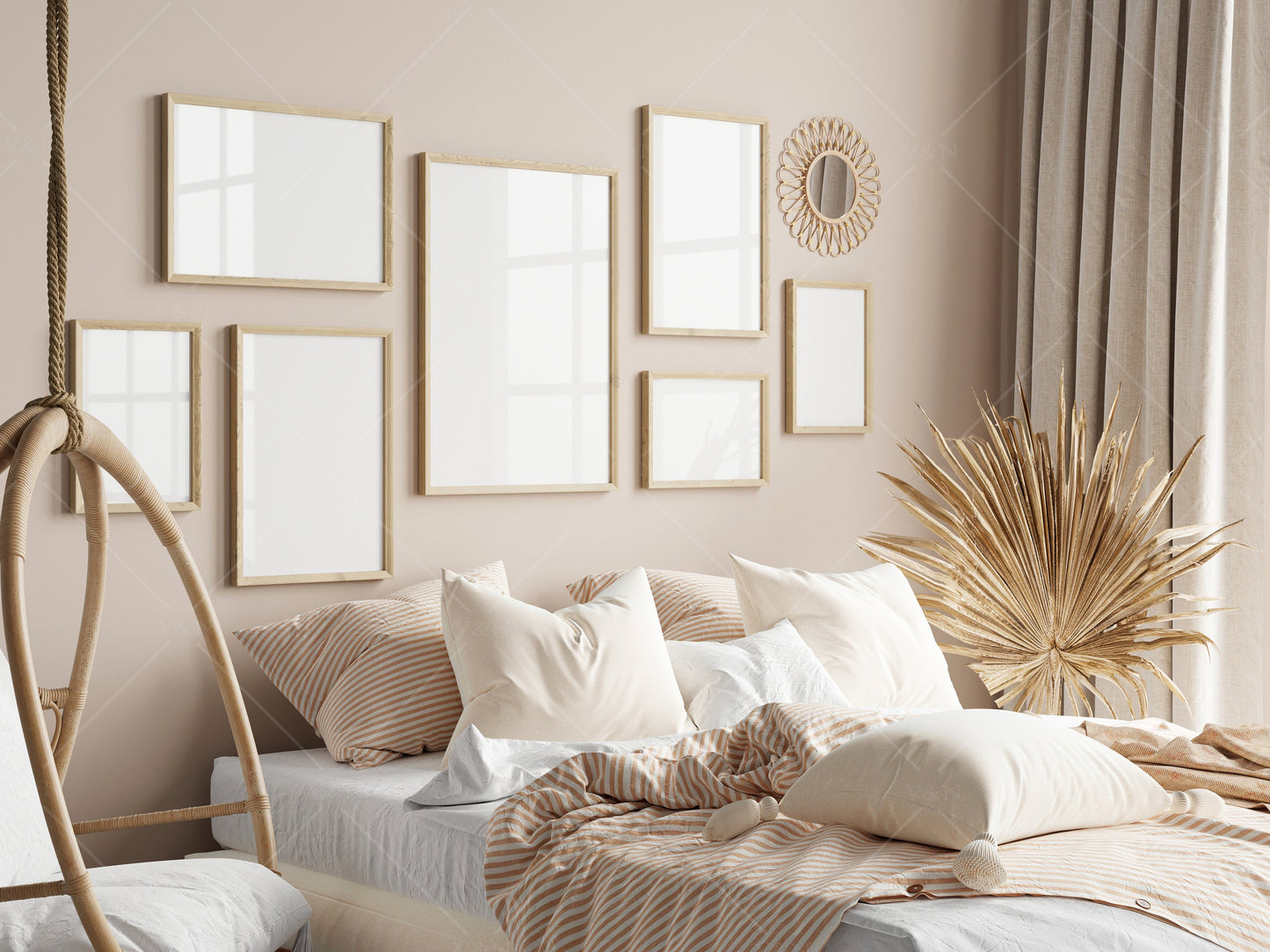 Boho Bedroom Frame Mockup, Gallery Frame Mockup in Bedroom Interior, Poster Mockup, PSD JPG